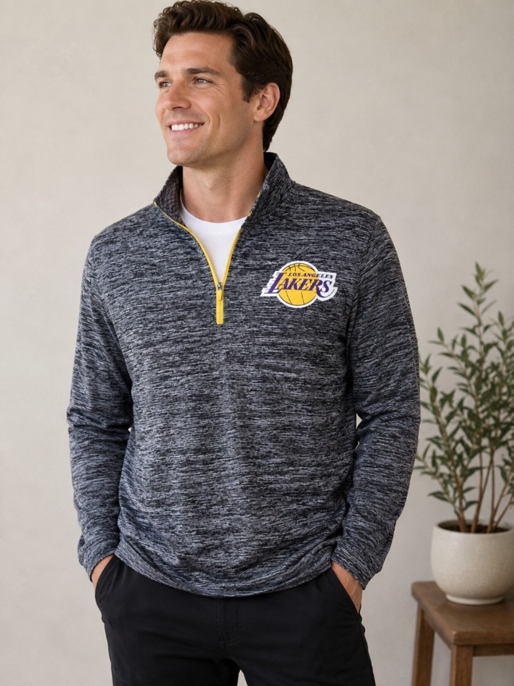 NBA Los Angeles Lakers Quarter Zip Pullover Medium Gray Polyester Athletic